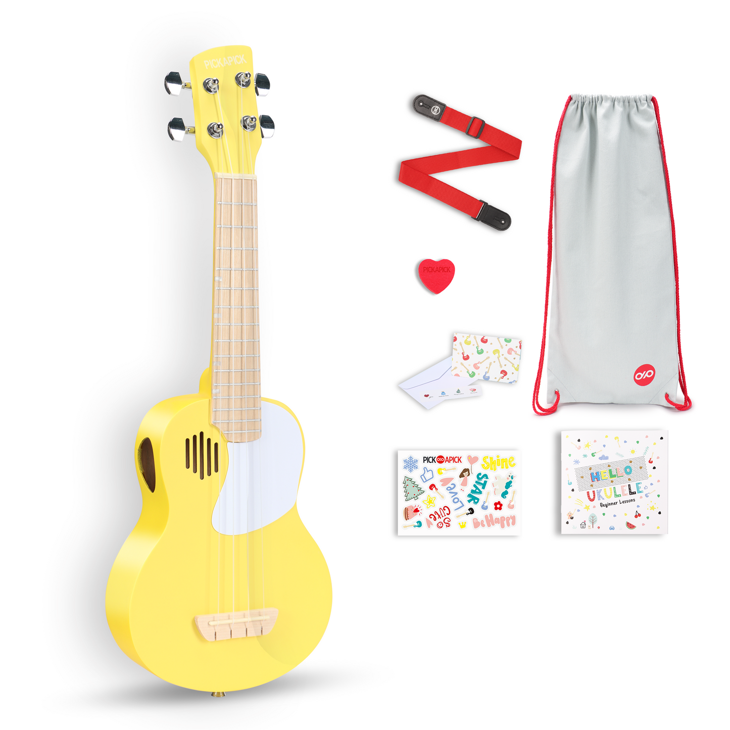 PICKAPICK 21" Soprano Ukulele for Kids with Gig bag, Lesson Book, Greeting Card, Felt Pick and Ukelele Strap (Sunshine Yellow)