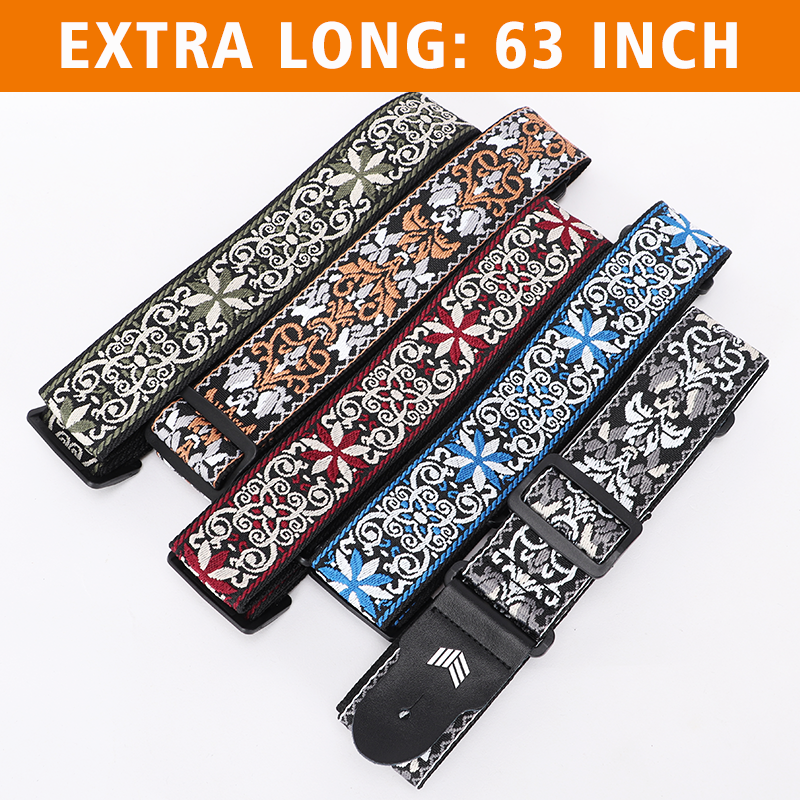 Guitar Strap with Real Leather Ends and Classic Pattern for Acoustic, Electric and Bass Guitars (160cm/63inch)