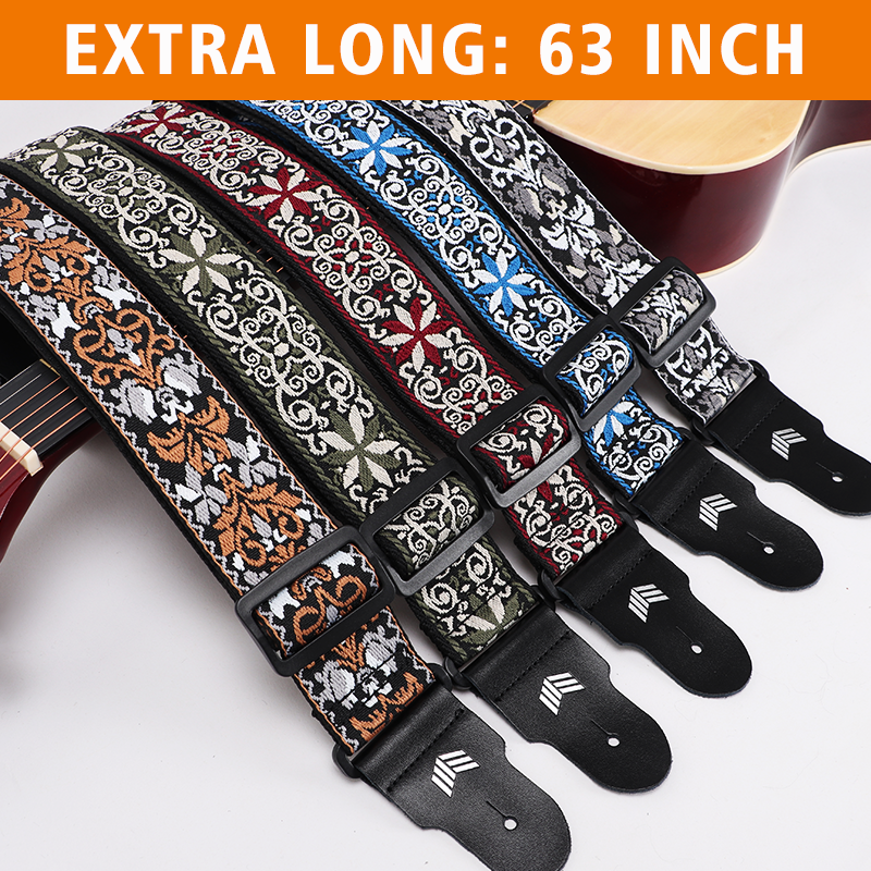 Guitar Strap with Real Leather Ends and Classic Pattern for Acoustic, Electric and Bass Guitars (160cm/63inch)