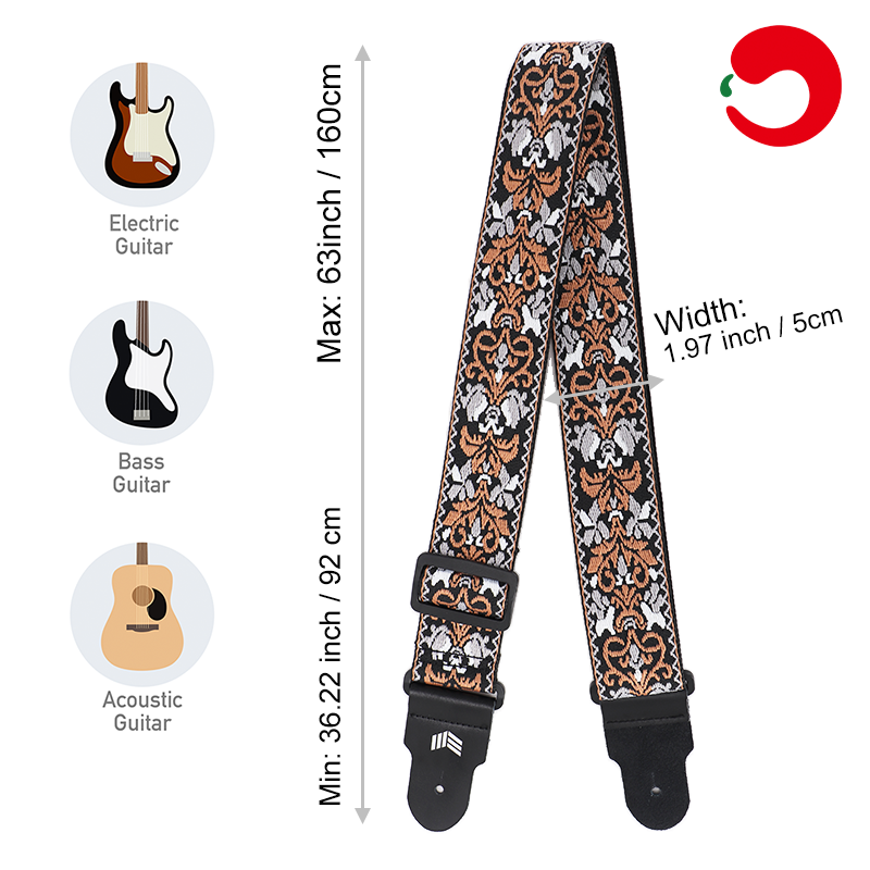 Guitar Strap with Real Leather Ends and Classic Pattern for Acoustic, Electric and Bass Guitars (160cm/63inch)