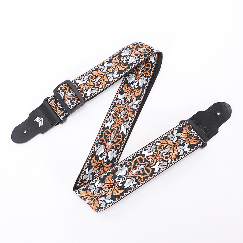 Guitar Strap with Real Leather Ends and Classic Pattern for Acoustic, Electric and Bass Guitars (160cm/63inch)