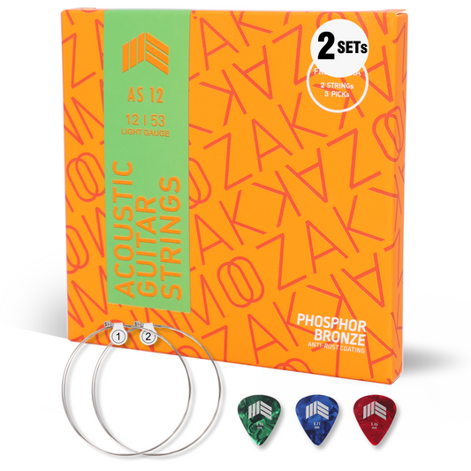 MOOZAK® Acoustic Guitar Strings Phosphor Bronze, 2 Packs, Light Gauge 12-53, Warm & Rich Tone, Durable Steel Strings, Extra 1st & 2nd String, 3 Picks – Ideal for All Players & Gifts
