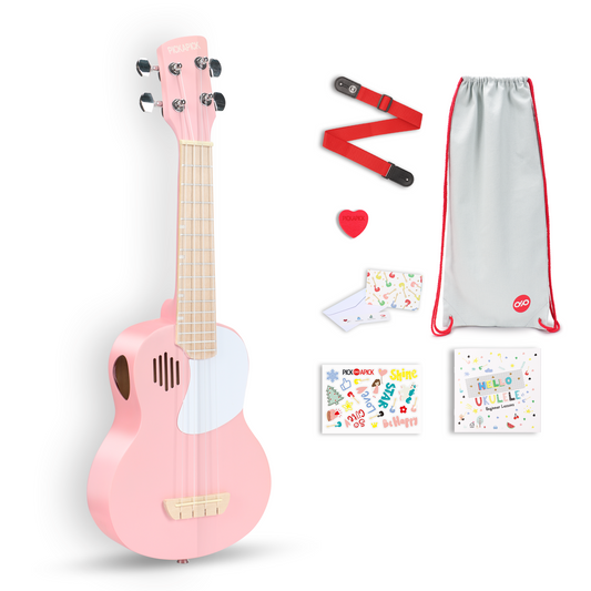 PICKAPICK 21" Soprano Ukulele for Kids with Gig bag, Lesson Book, Greeting Card, Felt Pick and Ukelele Strap (Cherry Pink)