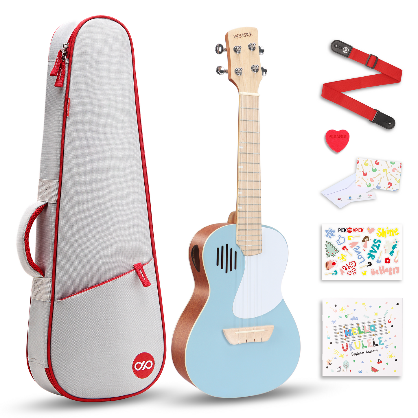 PICKAPICK 23" Concert Ukulele for Kids and Adults with Gig bag, Lesson Book, Greeting Card, Felt Pick and Ukelele Strap  (Sky Blue)