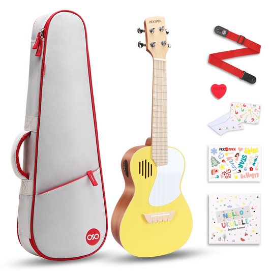 PICKAPICK 23" Concert Ukulele for Kids and Adults with Gig bag, Lesson Book, Greeting Card, Felt Pick and Ukelele Strap (Sunshine Yellow)