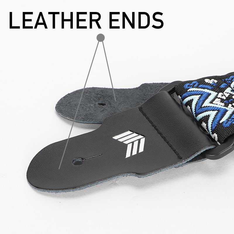 Guitar Strap with Real Leather Ends and Classic Pattern for Acoustic, Electric and Bass Guitars (160cm/63inch)