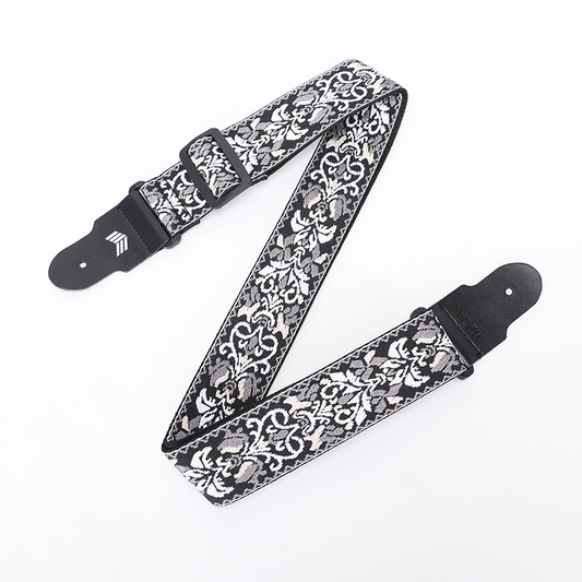 Guitar Strap with Real Leather Ends and Classic Pattern for Acoustic, Electric and Bass Guitars (160cm/63inch)