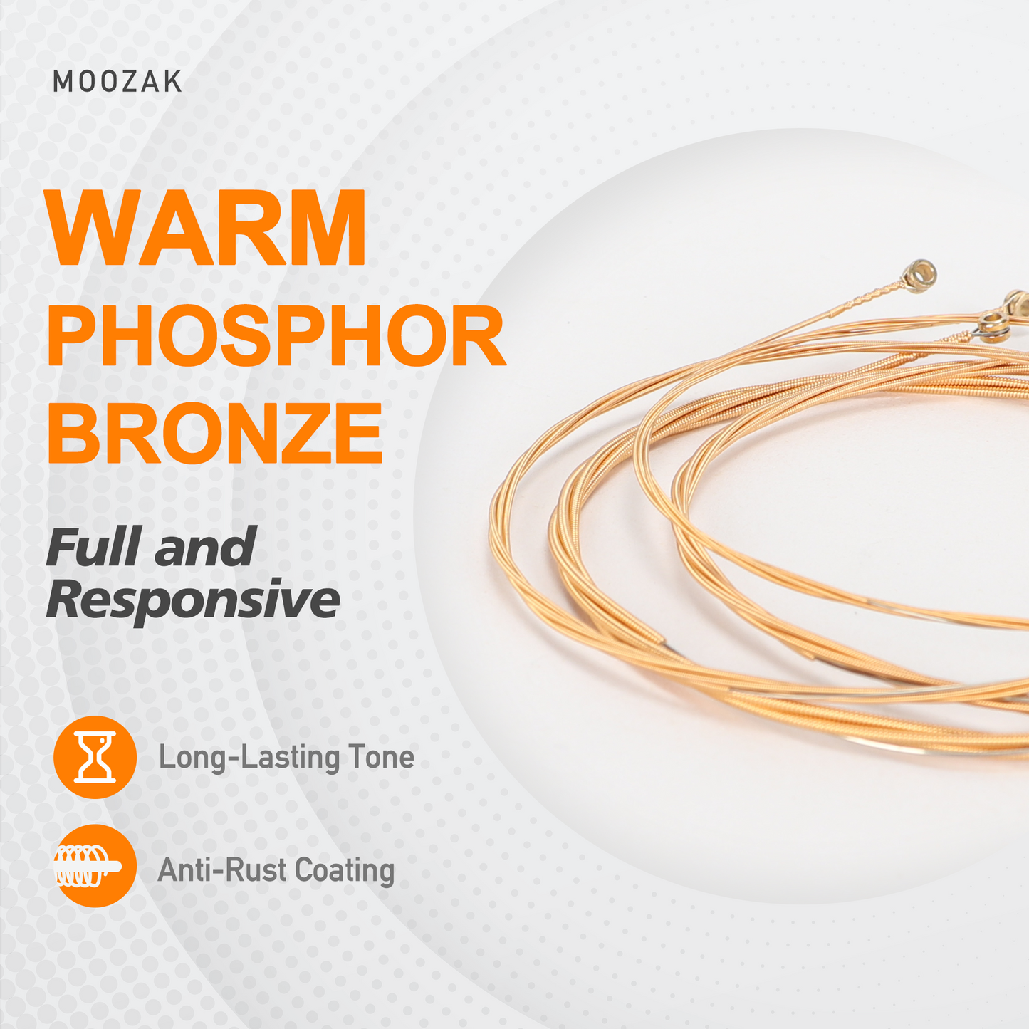 MOOZAK® Acoustic Guitar Strings Phosphor Bronze, Light Gauge 12-53, Warm & Rich Tone, Durable Steel Strings, Extra 1st & 2nd String, 3 Picks – Ideal for All Players & Gifts