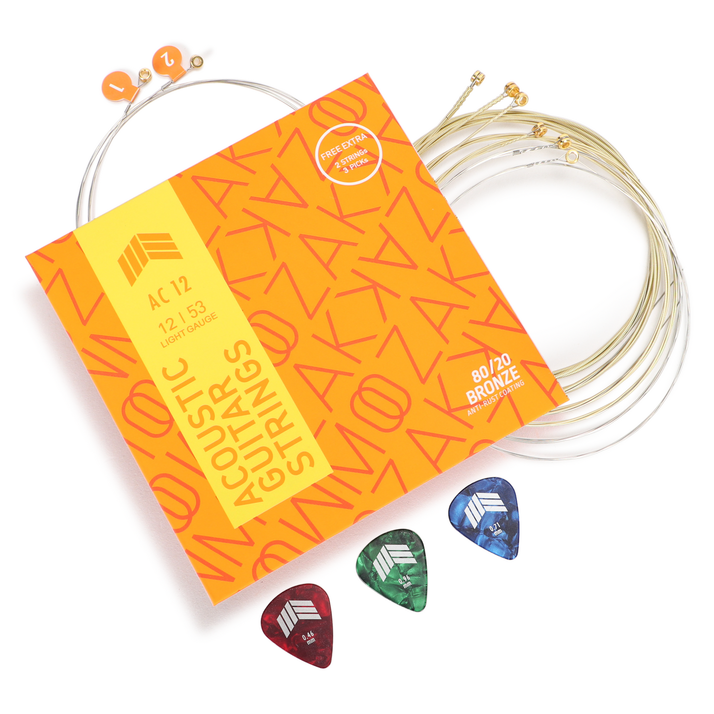 MOOZAK® Acoustic Guitar Strings 80/20 Bronze, Light Gauge 12-53, Durable & Bright Tone Steel Strings, Extra 1st & 2nd String, 3 Picks Included – Ideal for Gifts & All Players