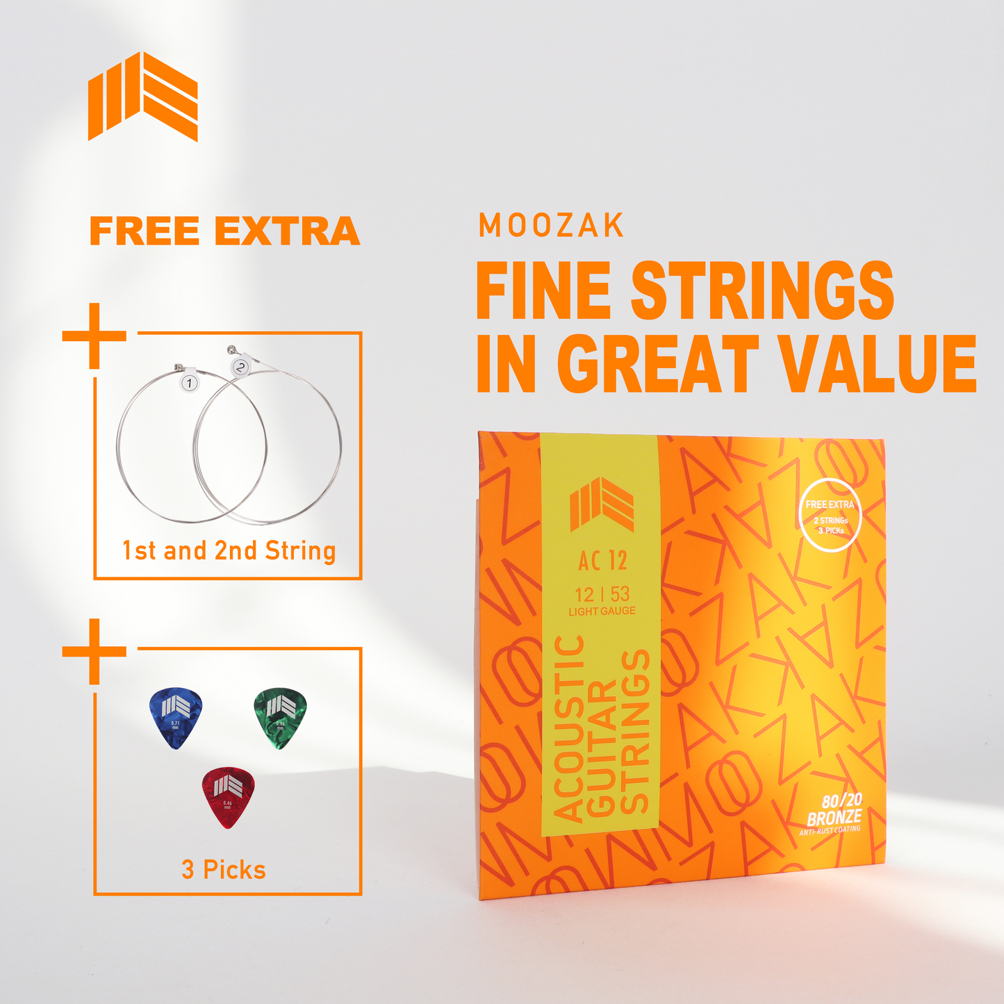 MOOZAK® Acoustic Guitar Strings 80/20 Bronze, Light Gauge 12-53, Durable & Bright Tone Steel Strings, Extra 1st & 2nd String, 3 Picks Included – Ideal for Gifts & All Players