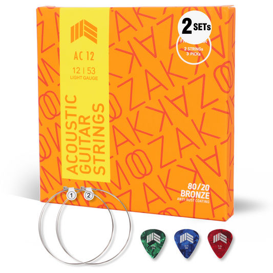 MOOZAK® Acoustic Guitar Strings 80/20 Bronze,2 Packs, Light Gauge 12-53, Durable & Bright Tone Steel Strings, Extra 1st & 2nd String, 3 Picks Included – Ideal for Gifts & All Players