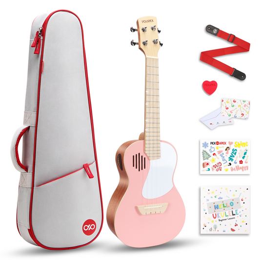 PICKAPICK 23" Concert Ukulele for Kids and Adults with Gig bag, Lesson Book, Greeting Card, Felt Pick and Ukelele Strap (Cherry Pink)