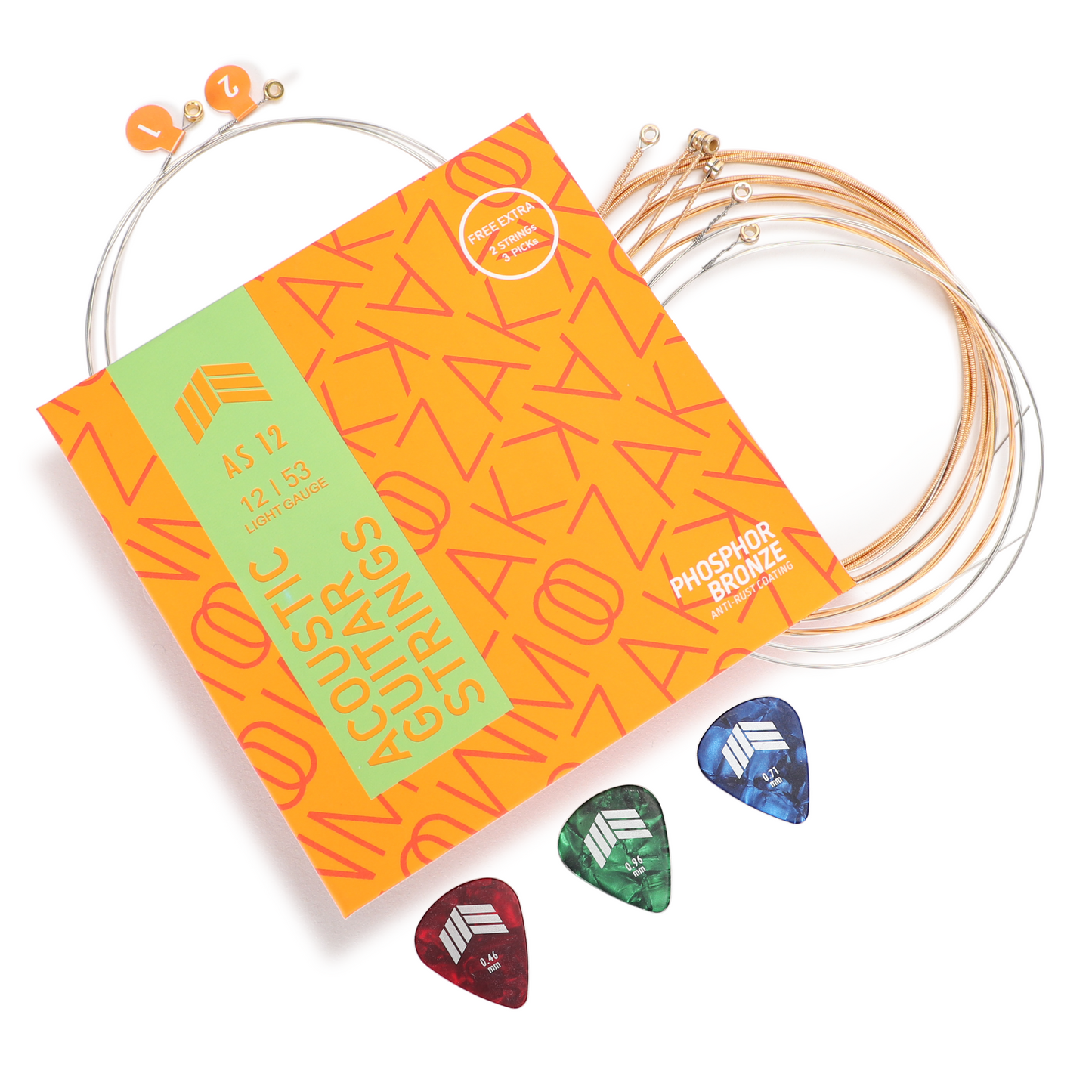 MOOZAK® Acoustic Guitar Strings Phosphor Bronze, Light Gauge 12-53, Warm & Rich Tone, Durable Steel Strings, Extra 1st & 2nd String, 3 Picks – Ideal for All Players & Gifts
