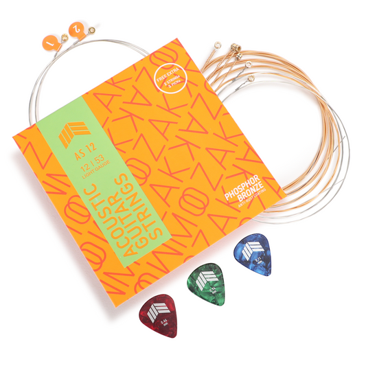 MOOZAK® Acoustic Guitar Strings Phosphor Bronze, Light Gauge 12-53, Warm & Rich Tone, Durable Steel Strings, Extra 1st & 2nd String, 3 Picks – Ideal for All Players & Gifts