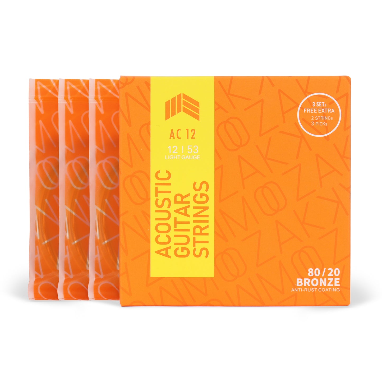 MOOZAK® Acoustic Guitar Strings 80/20 Bronze, 3 Packs, Light Gauge 12-53, Durable & Bright Tone Steel Strings, Extra 1st & 2nd String, 3 Picks Included – Ideal for Gifts & All Players