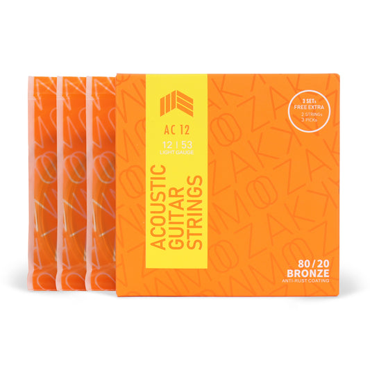 MOOZAK® Acoustic Guitar Strings 80/20 Bronze, 3 Packs, Light Gauge 12-53, Durable & Bright Tone Steel Strings, Extra 1st & 2nd String, 3 Picks Included – Ideal for Gifts & All Players